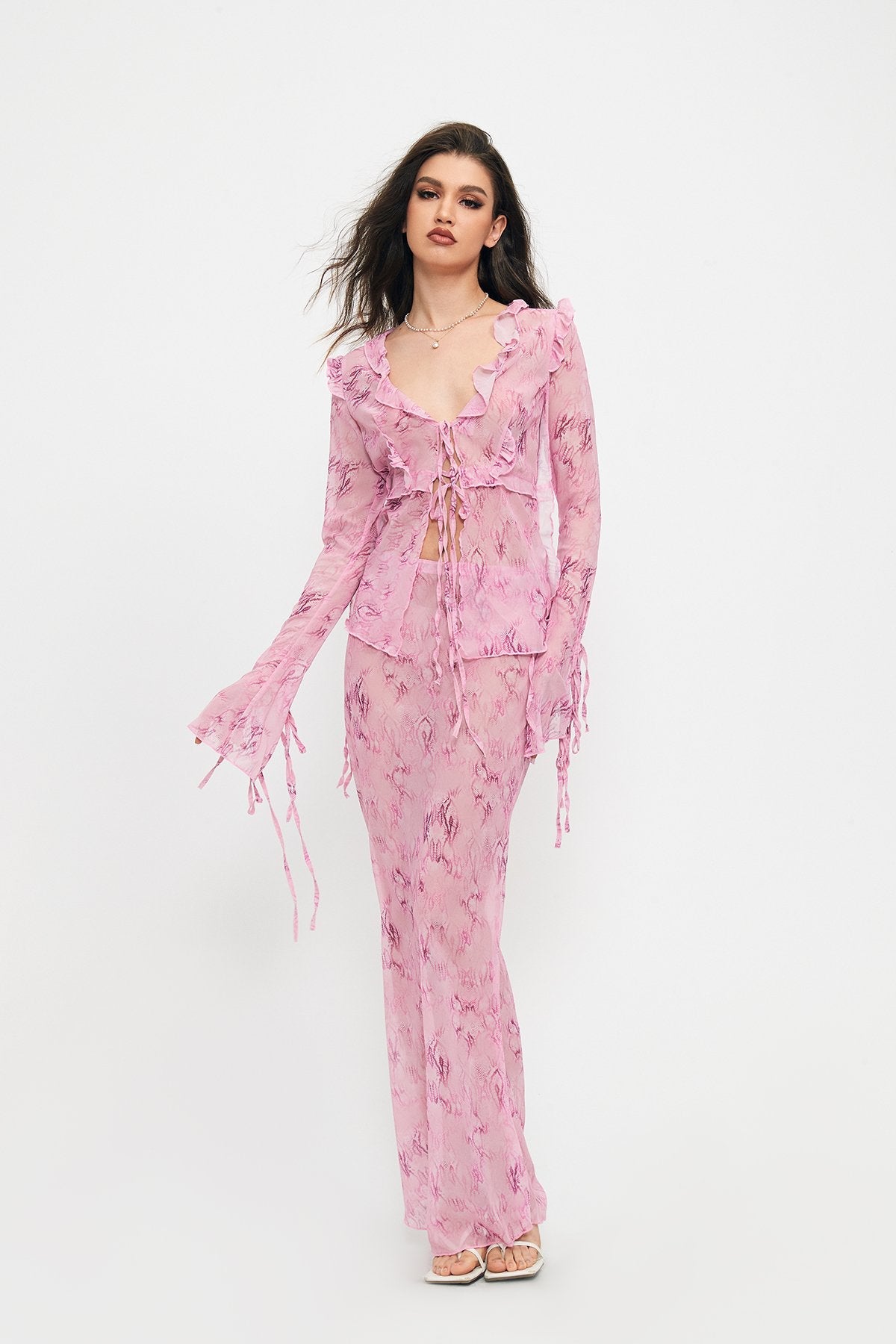 Tie Front Ruffle Long Sleeve Top & Floral Print Skirt Set
