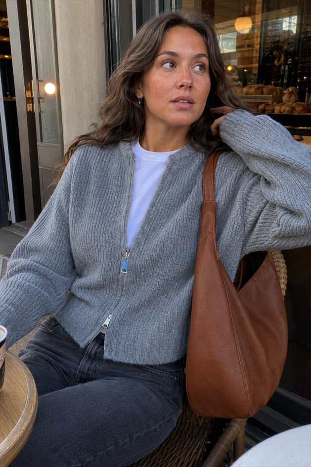 Crew-Neck Long-Sleeve Zip Solid Knit Cardigan