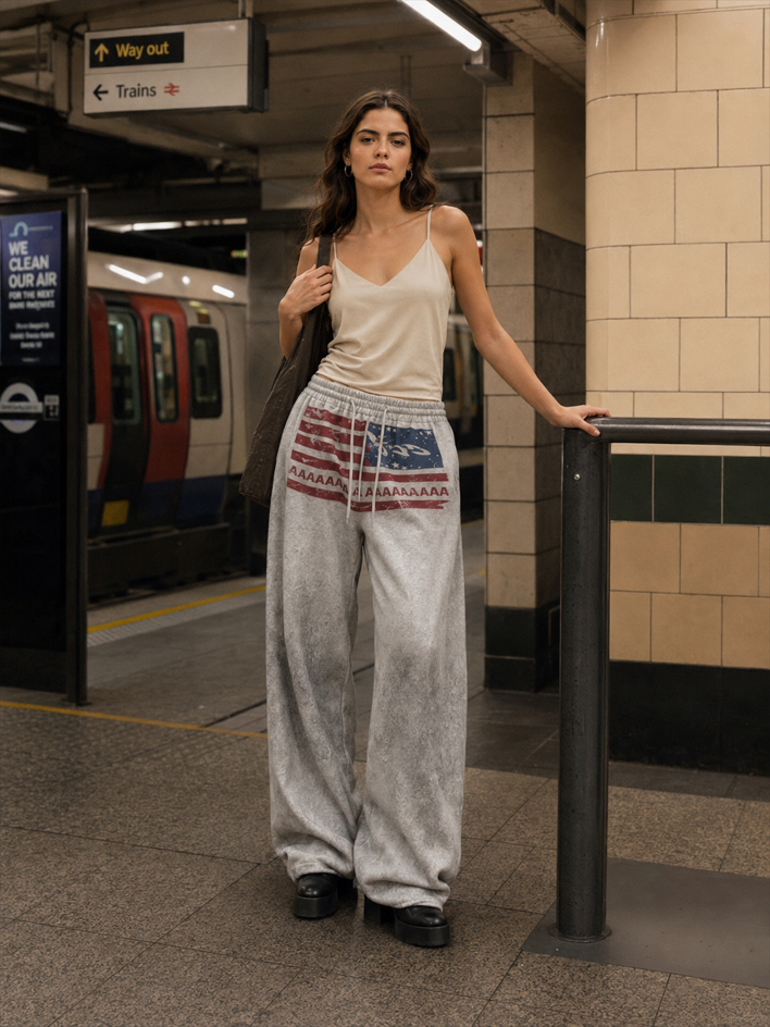 Retro Gray Graphic Drawcord Baggy Sweat Pants