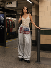 Retro Gray Graphic Drawcord Baggy Sweat Pants