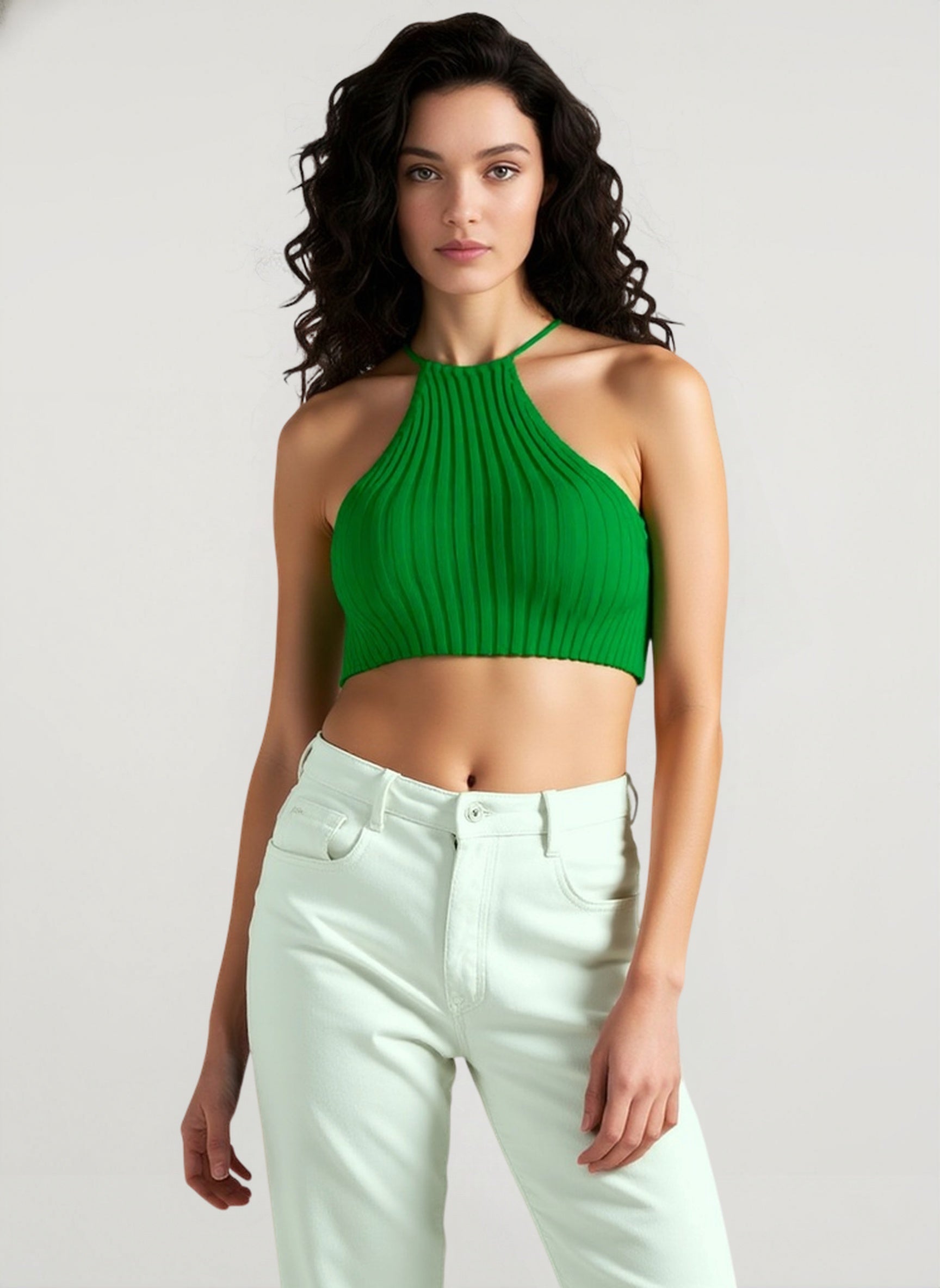 Knit Tie Backless Halter Crop Top