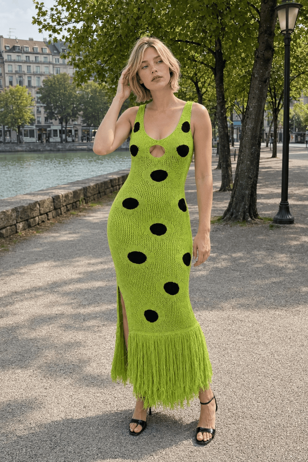 Knit Sleeveless Bodycon Polka Dot Fringe Maxi Dress