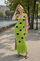 Knit Sleeveless Bodycon Polka Dot Fringe Maxi Dress