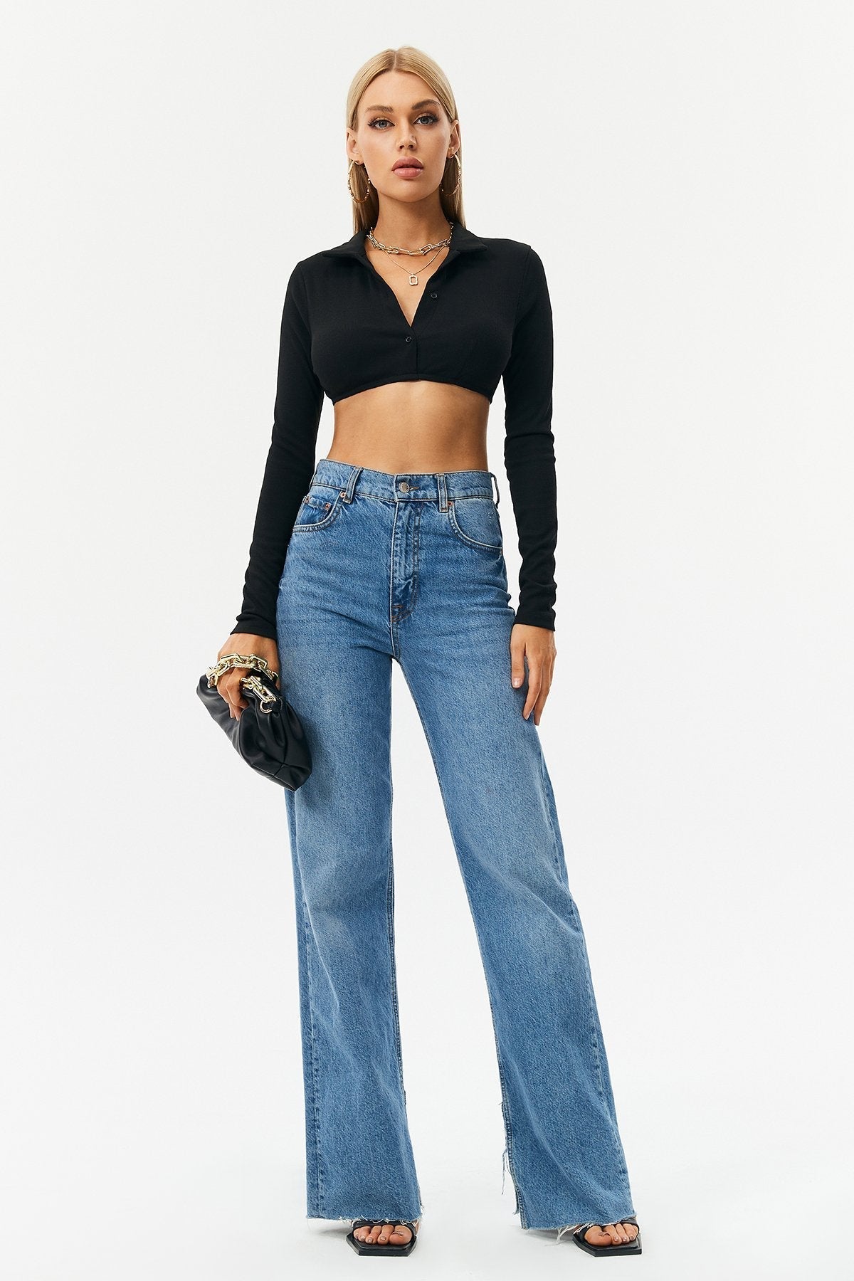 Solid Plunging Neck Button Front Long Sleeve Top