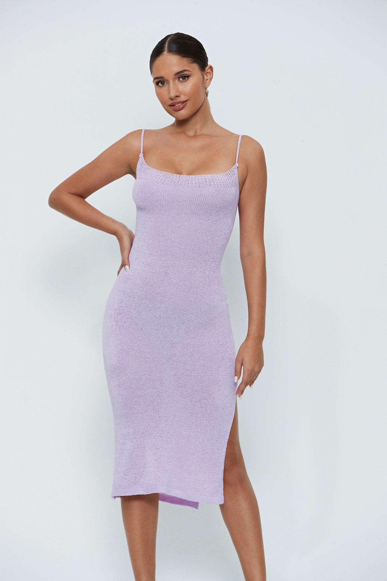 Plunging Neck Lace Up Split Hem Knitted Midi Dress