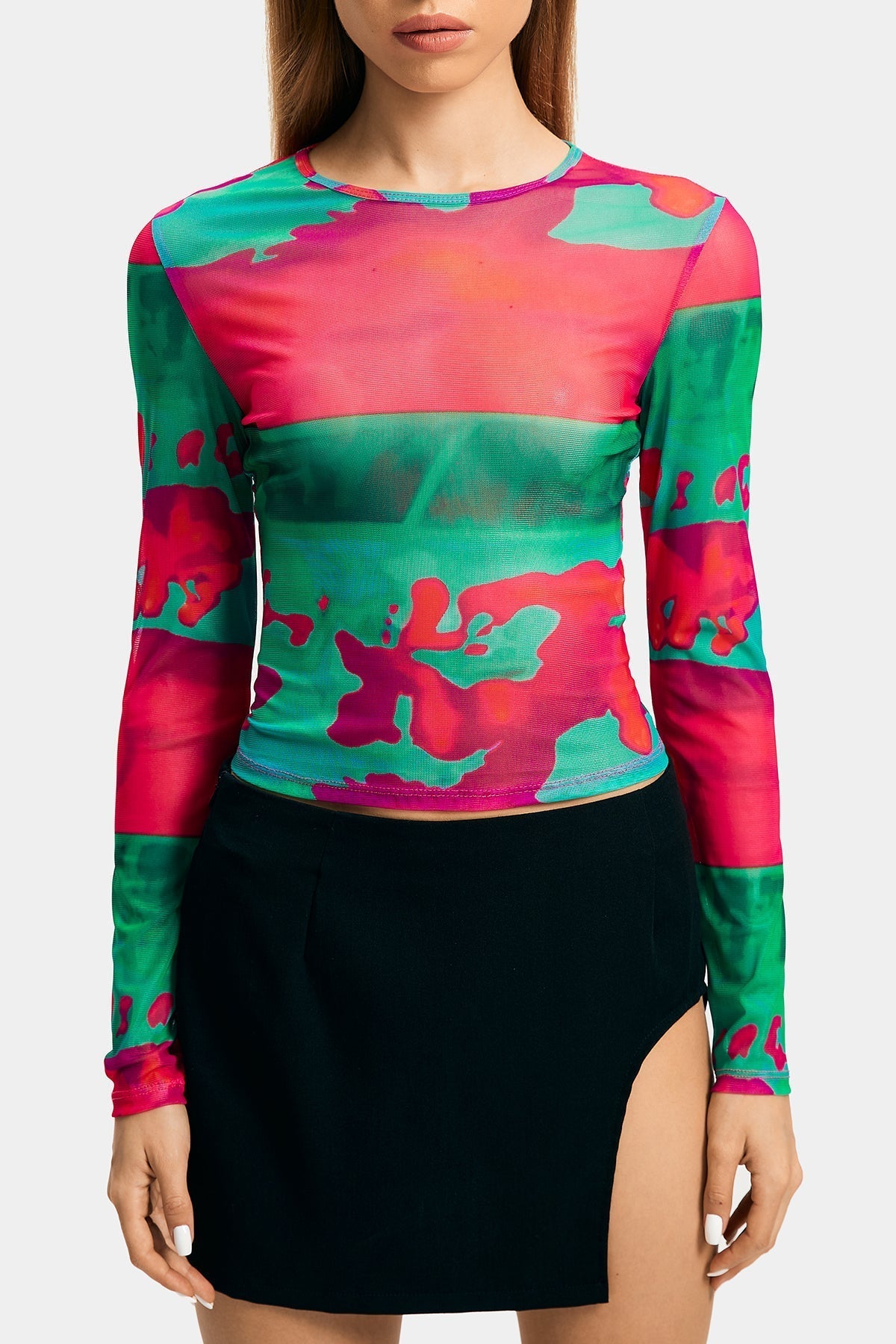 Abstract Print Mesh Long Sleeve Top