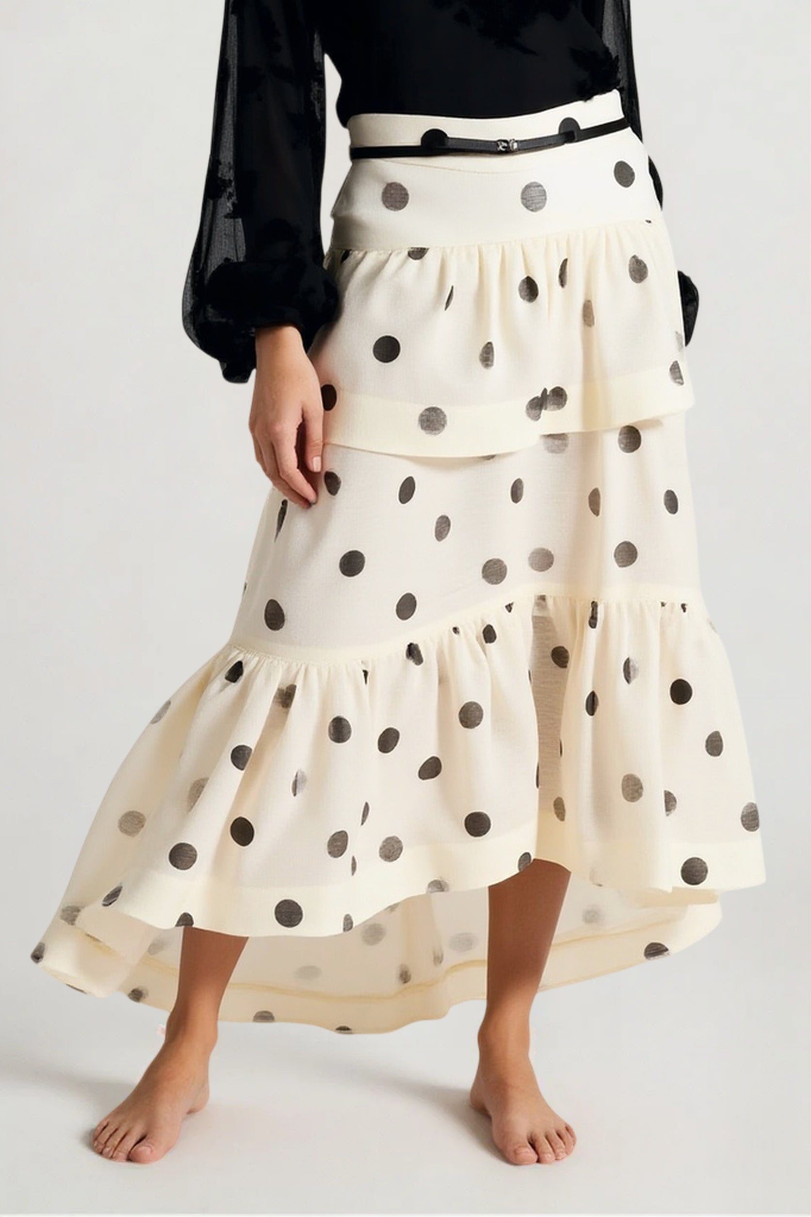 Tiered Ruffle Polka Dot Midi Skirt