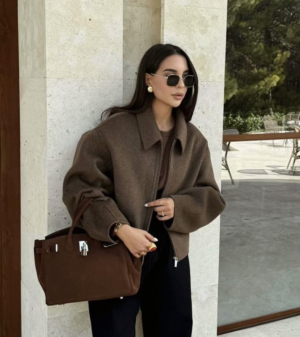 Plain Zipper Tweed Jacket