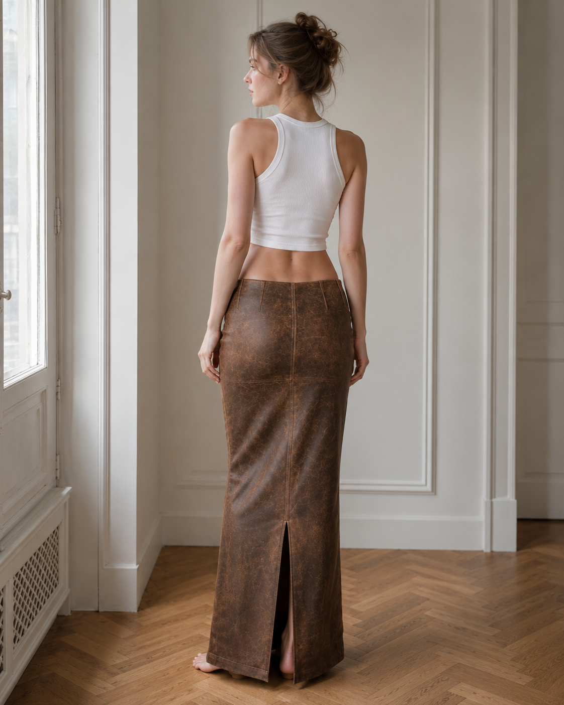 PU Leather Slim Fit Split Midi Skirt