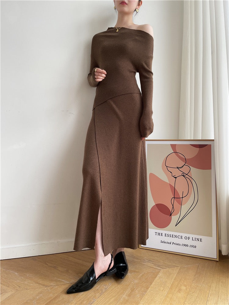 Caramel Slit Maxi Knit Set