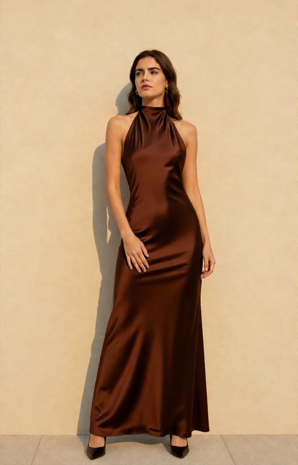Vintage Solid Satin Backless Maxi Dress