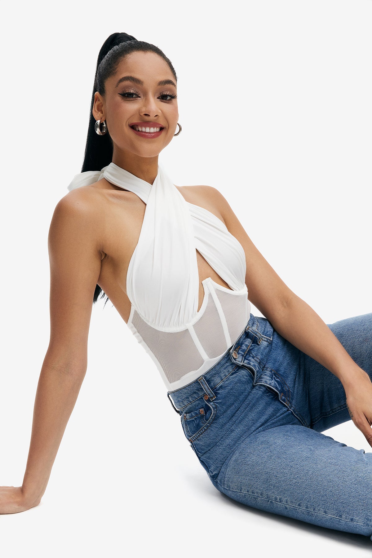 Crisscross Neck Mesh Splicing Boning Backless Bodysuit