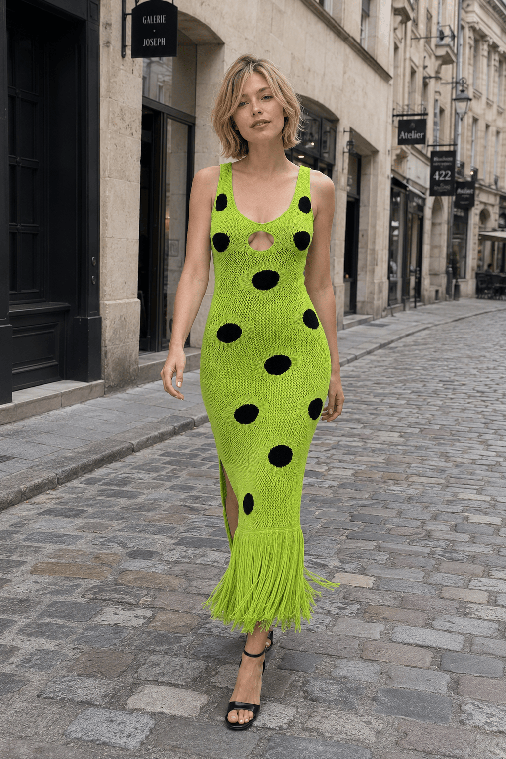 Knit Sleeveless Bodycon Polka Dot Fringe Maxi Dress