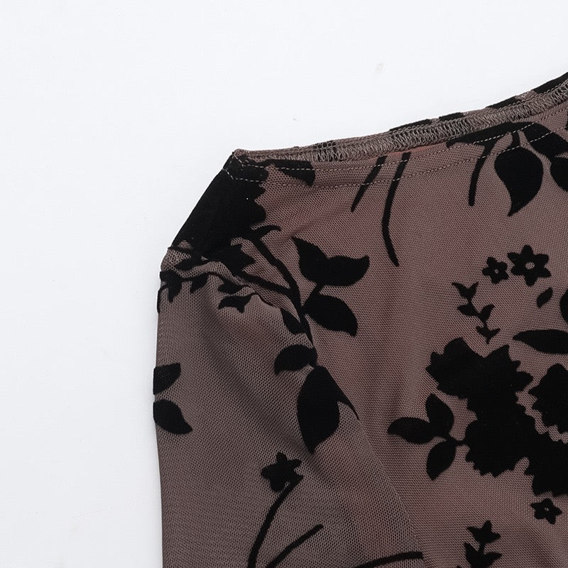Semi-Sheer Flocking Floral Short Dress