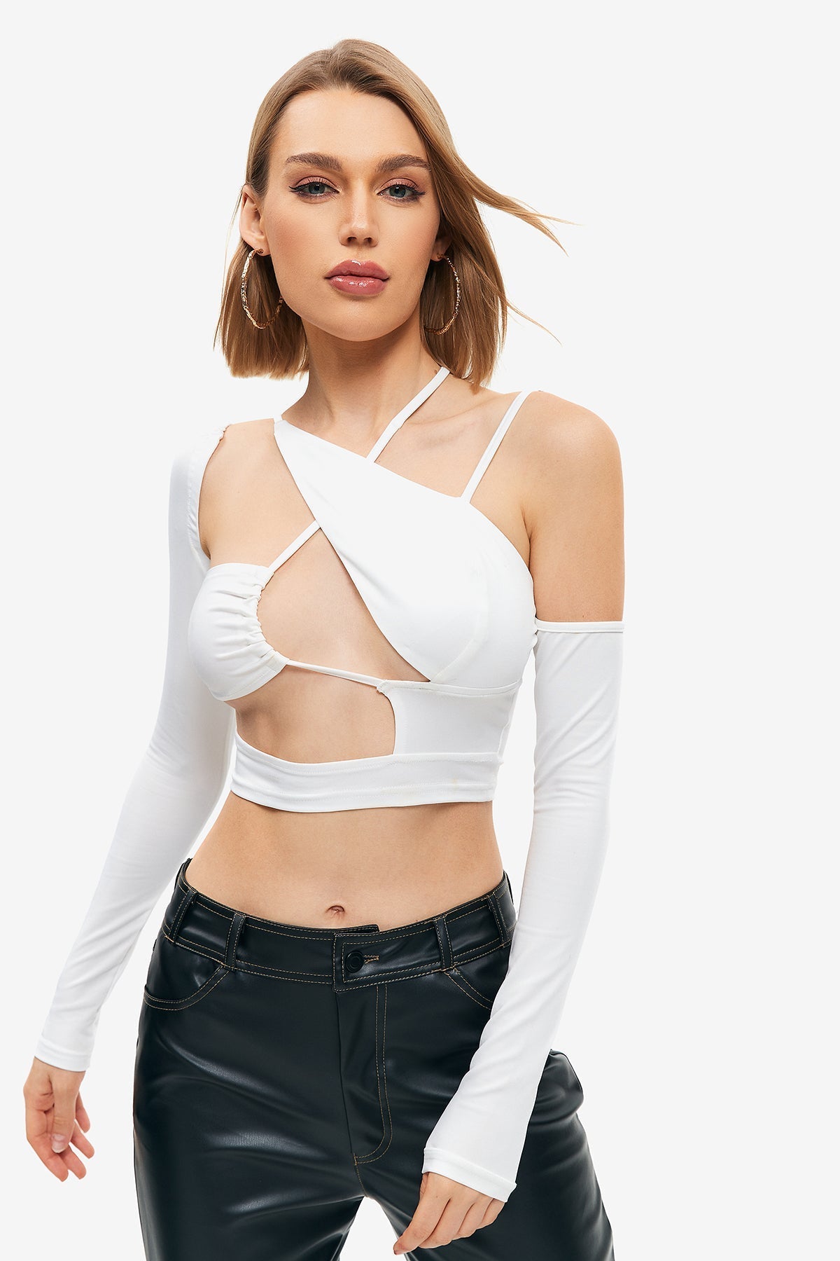 Cut Out Asymmetrical Neck Long Sleeve Top