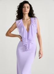 Simple Deep V Ruffle Solid Elegant Maxi Dress