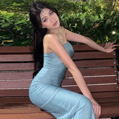 Embellished Bandeau Cowl Neck Maxi Dress in Light Blue