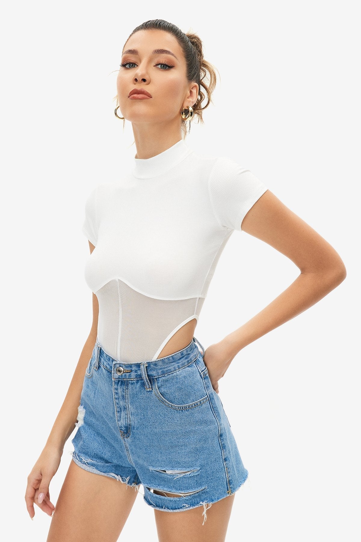 Mesh Splicing Mock Neck Short Sleeve Bodysuit
