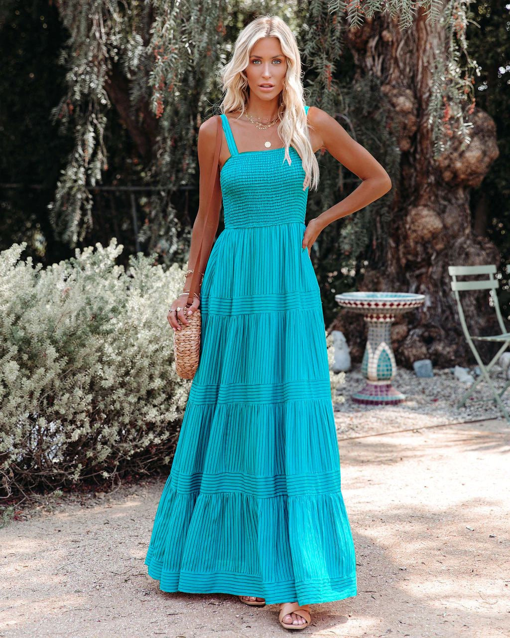 Pinstripe Shirred Backless Long Cami Dress