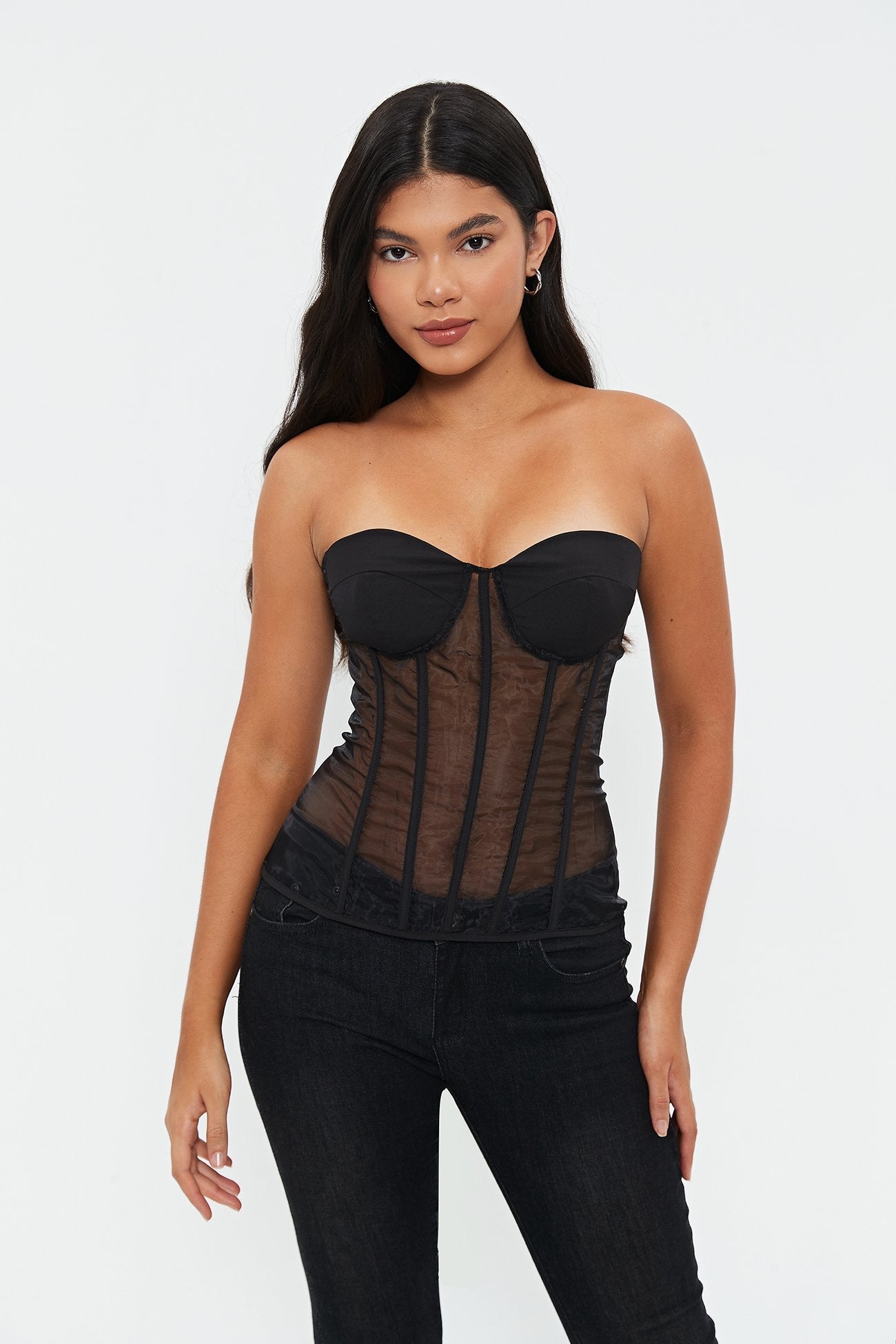 Off Shoulder Lace Up Mesh Splicing Boning Crop Top