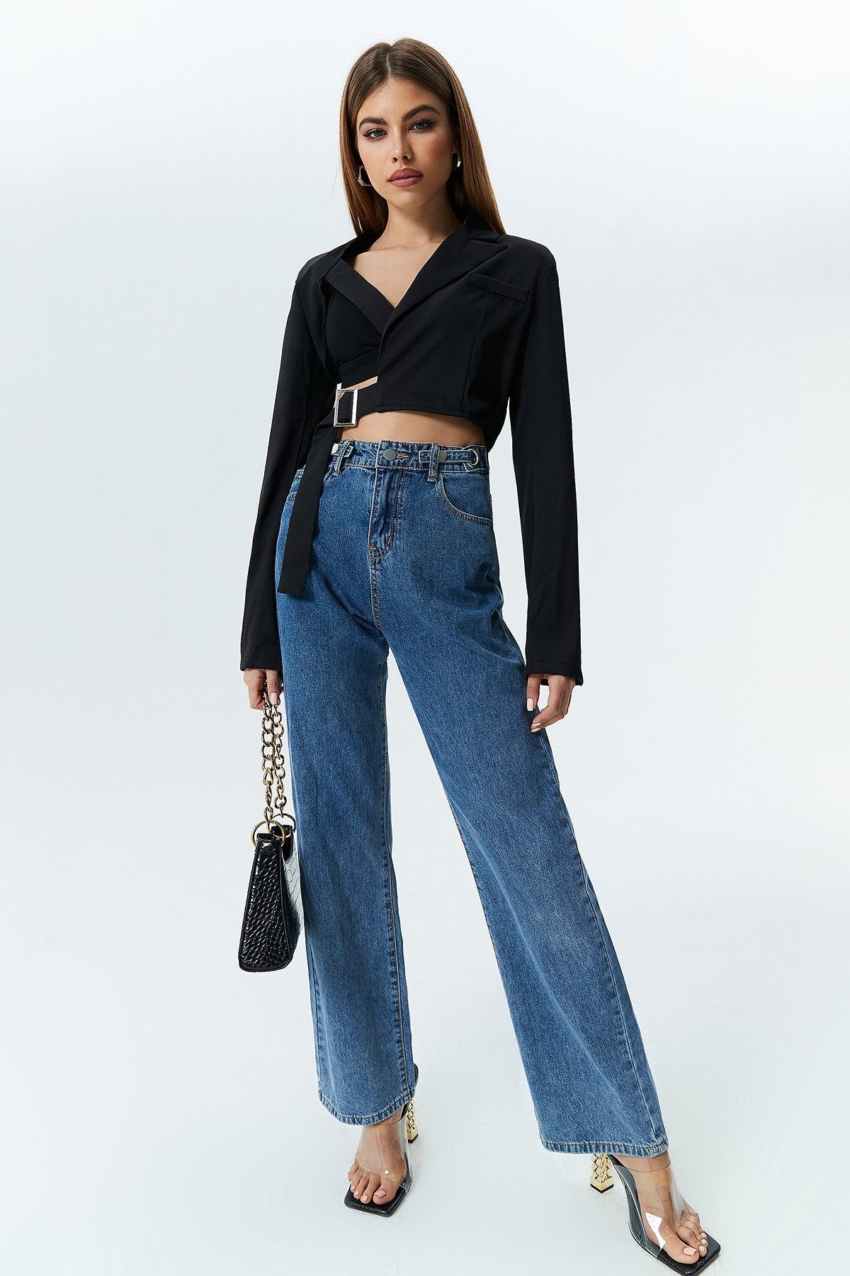Asymmetrical Neck Long Sleeve Blazer Without Bra