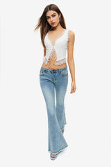 Lace Trim Tie Front Sleeveless Crop Top