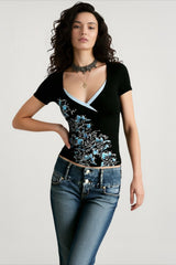 Dark Floral Crop V Neck T-shirts
