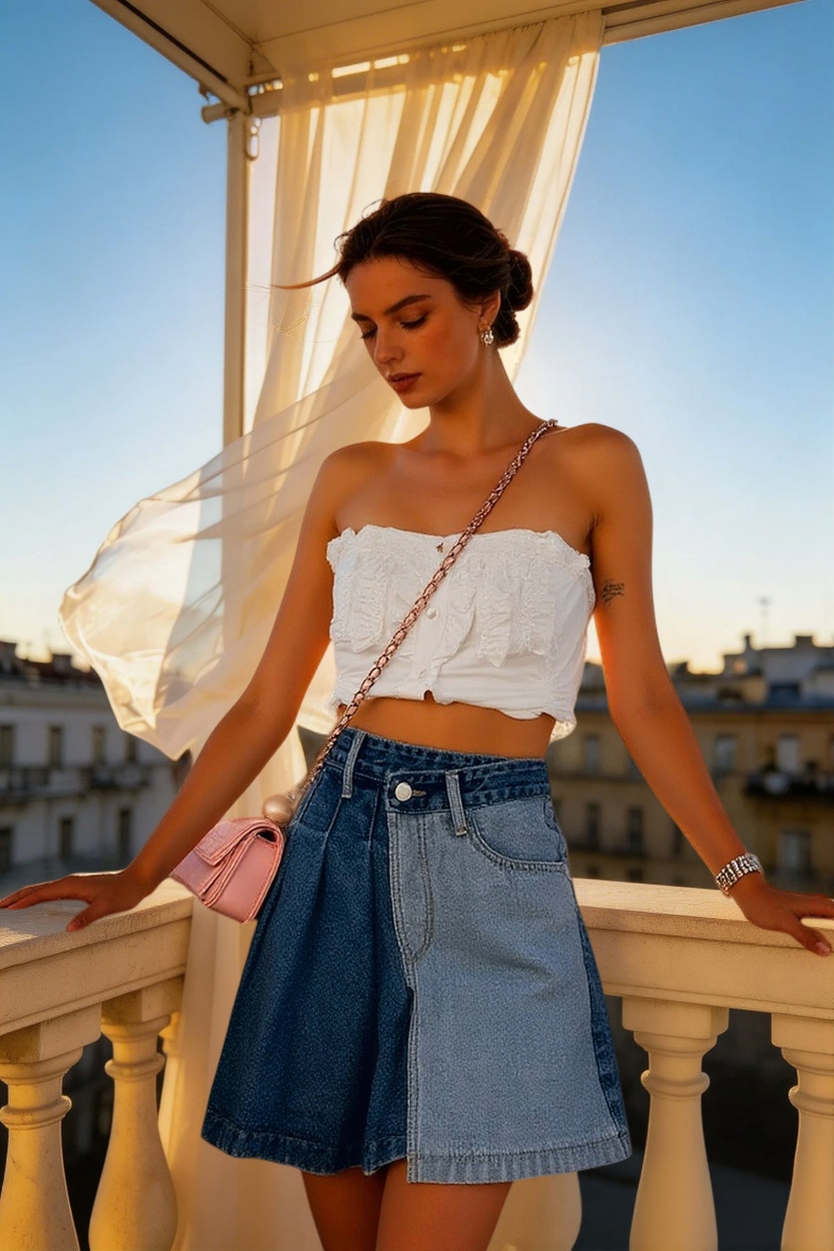 Streetwear Fashion Denim Contrast Color Patchwork A-line Mini Skirt