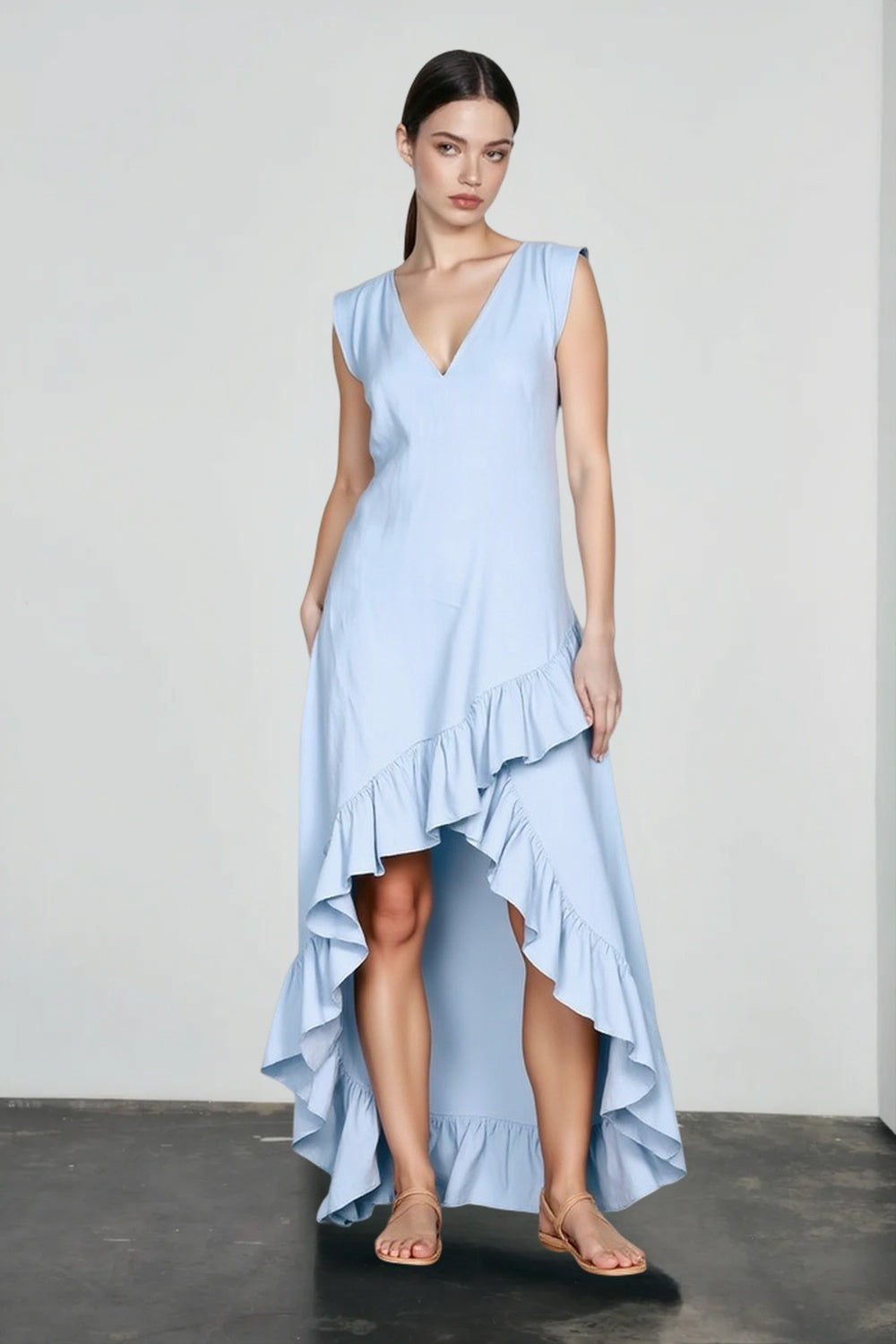 Romantic V Neck Ruffle Linen Vacation Dress