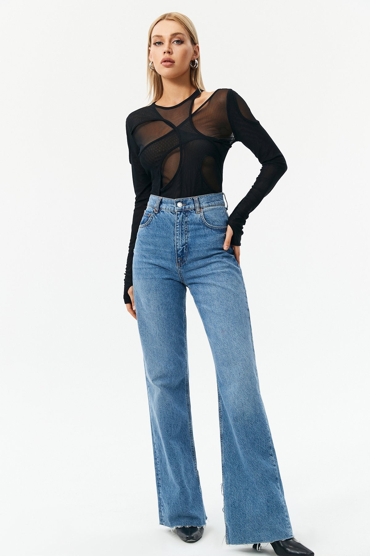 Mesh Asymmetrical Cut Out Bodysuit