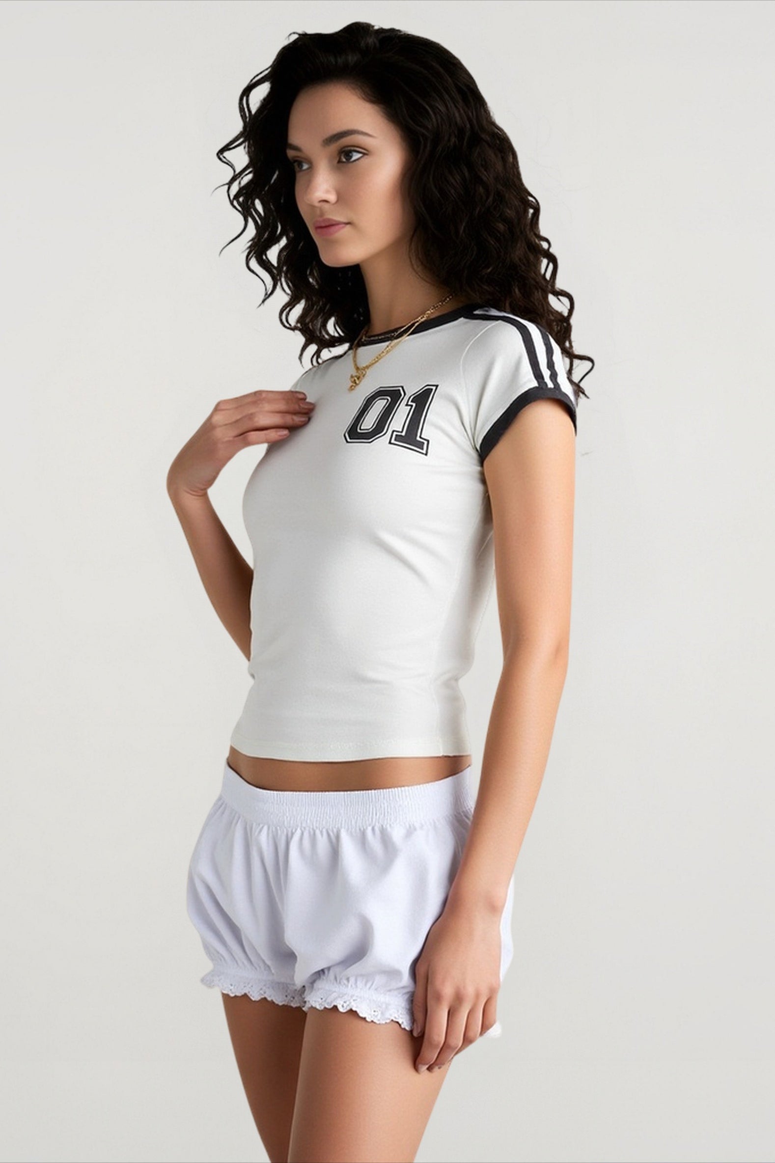 Number Print White Fitted T-shirts