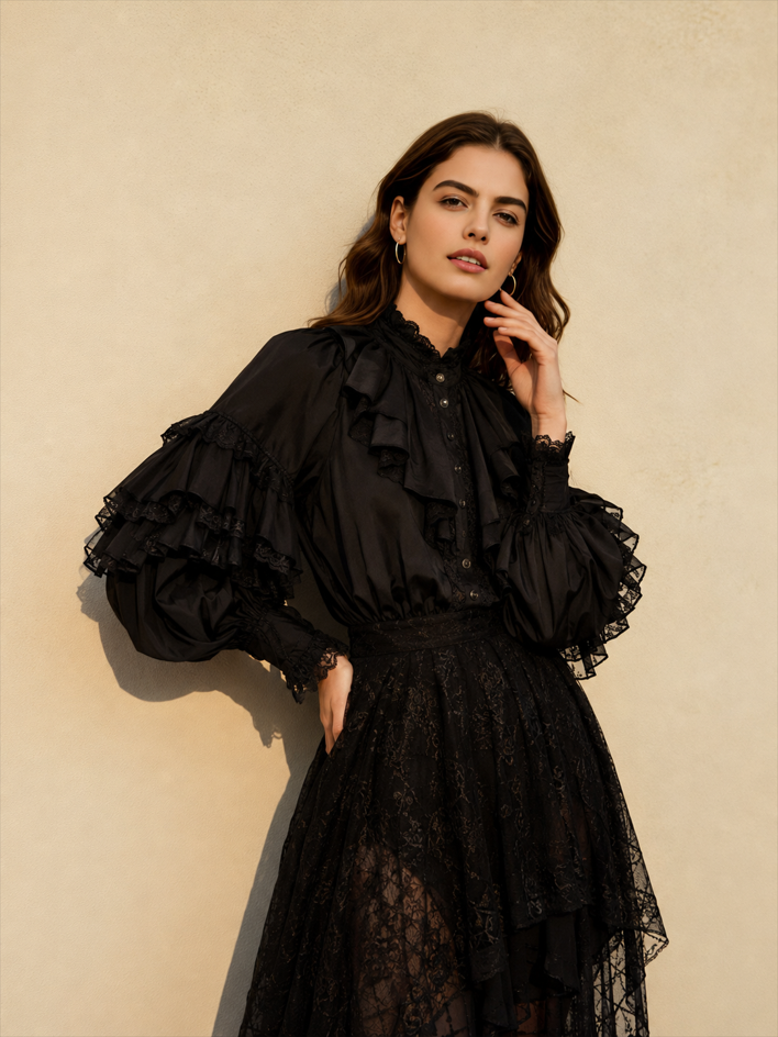 Dark Frill Batwing Sleeve Top