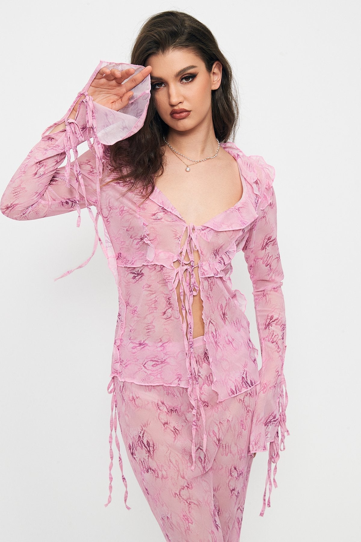 Tie Front Ruffle Long Sleeve Top & Floral Print Skirt Set