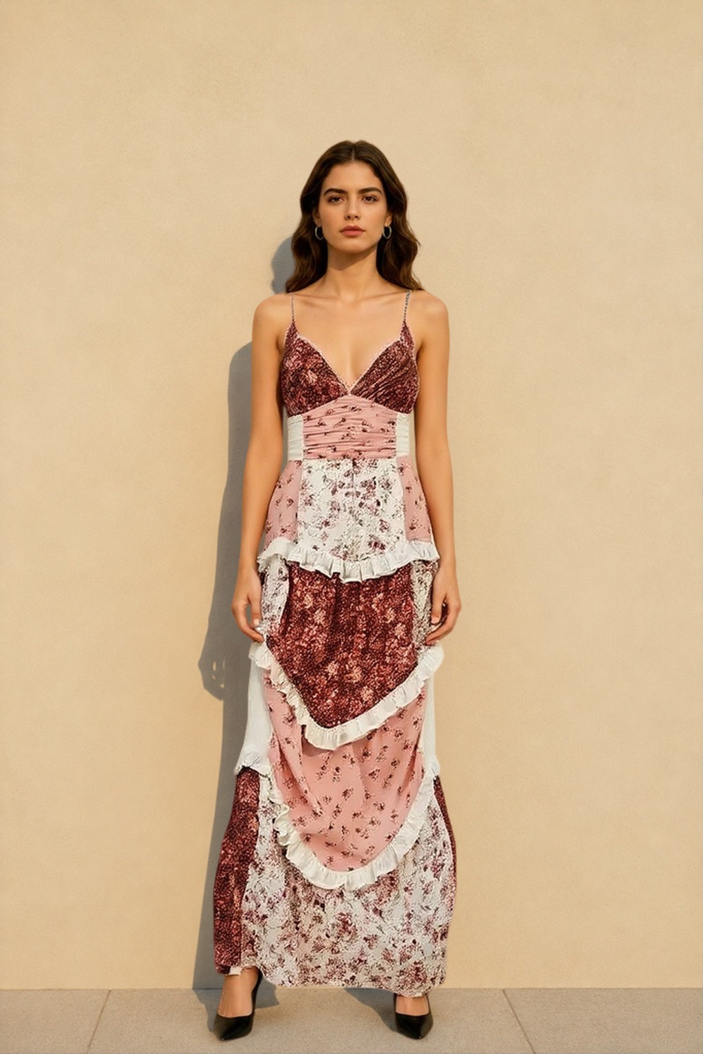 Boho Tie Shoulder Patchwork Floral Dress