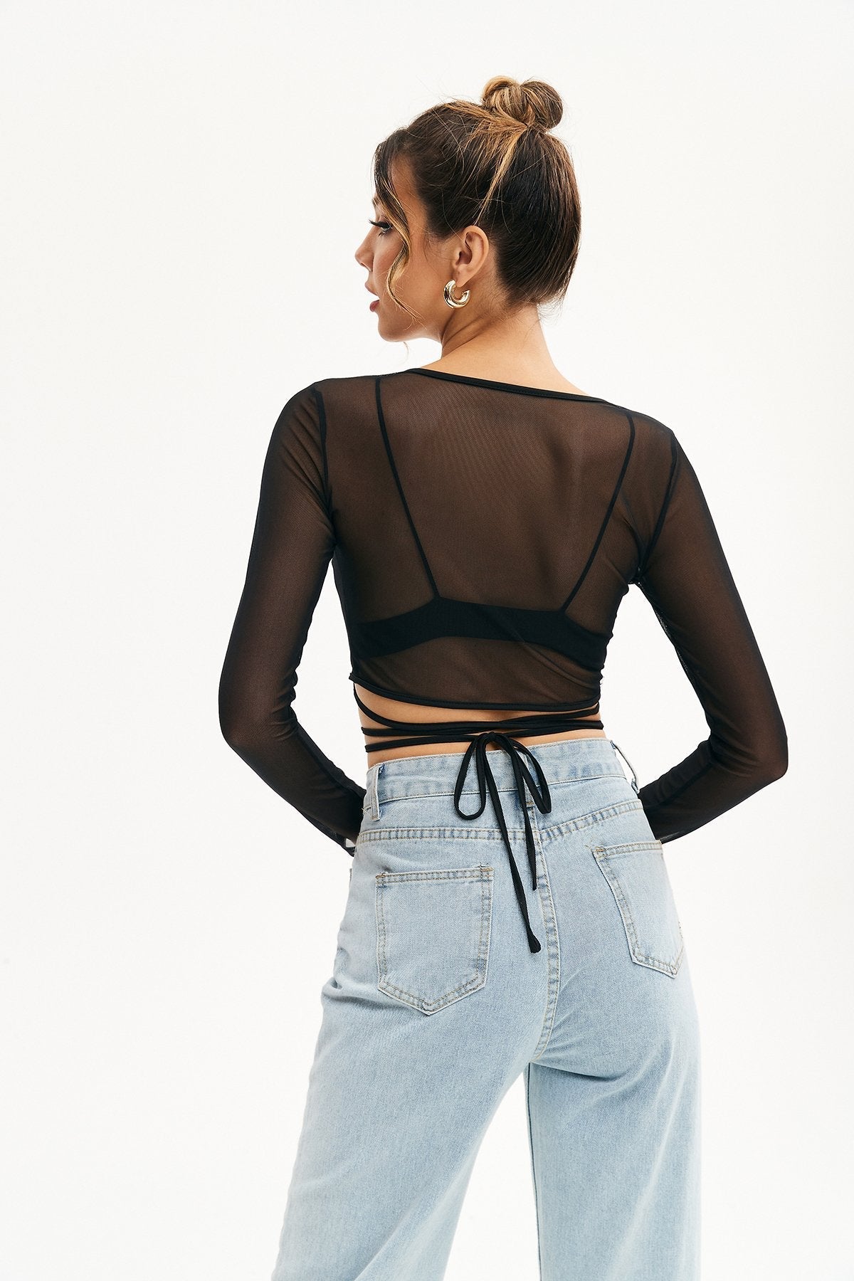 Mesh V Neck Crisscross Tie Crop Top