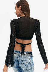 Mesh Top-stitching Tie Back Crop Top