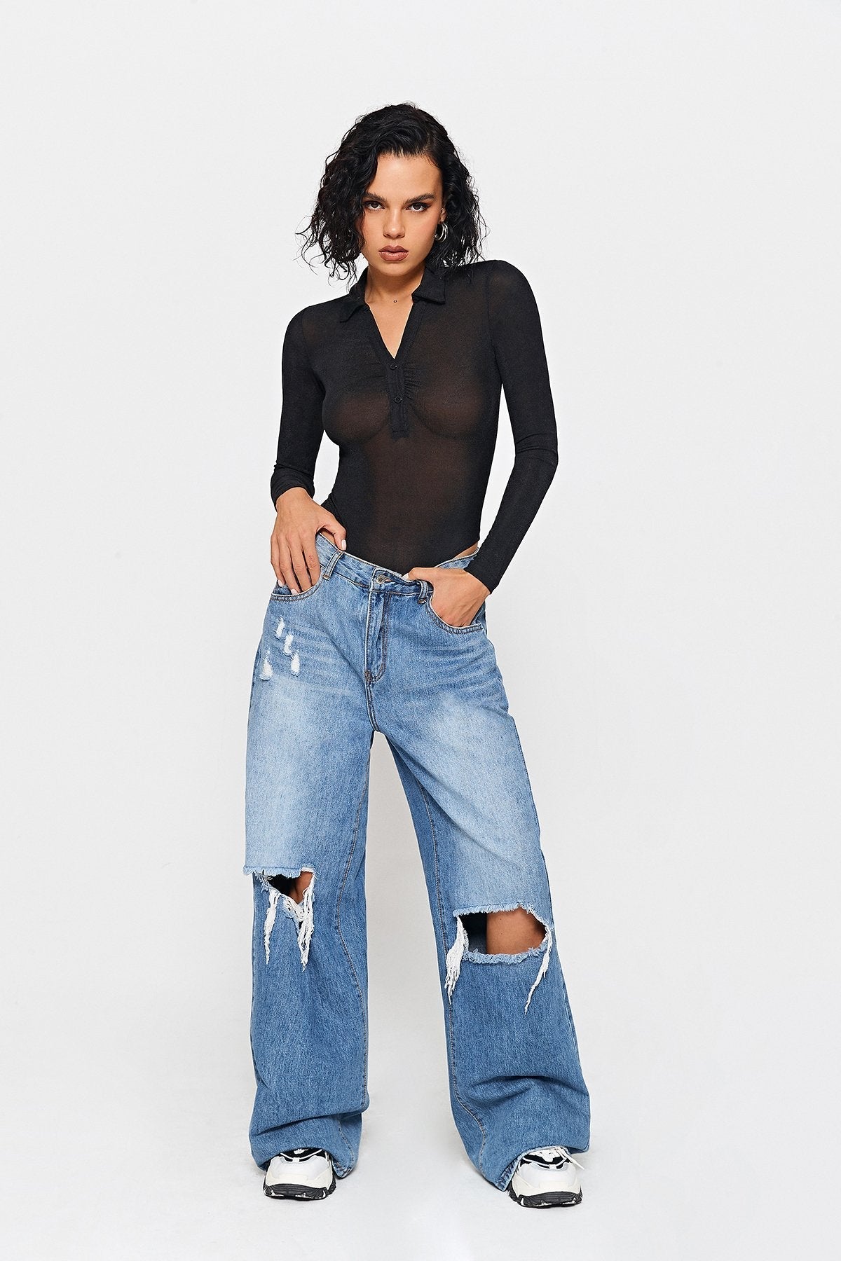 Lapel Neck Half Button Long Sleeve Bodysuit