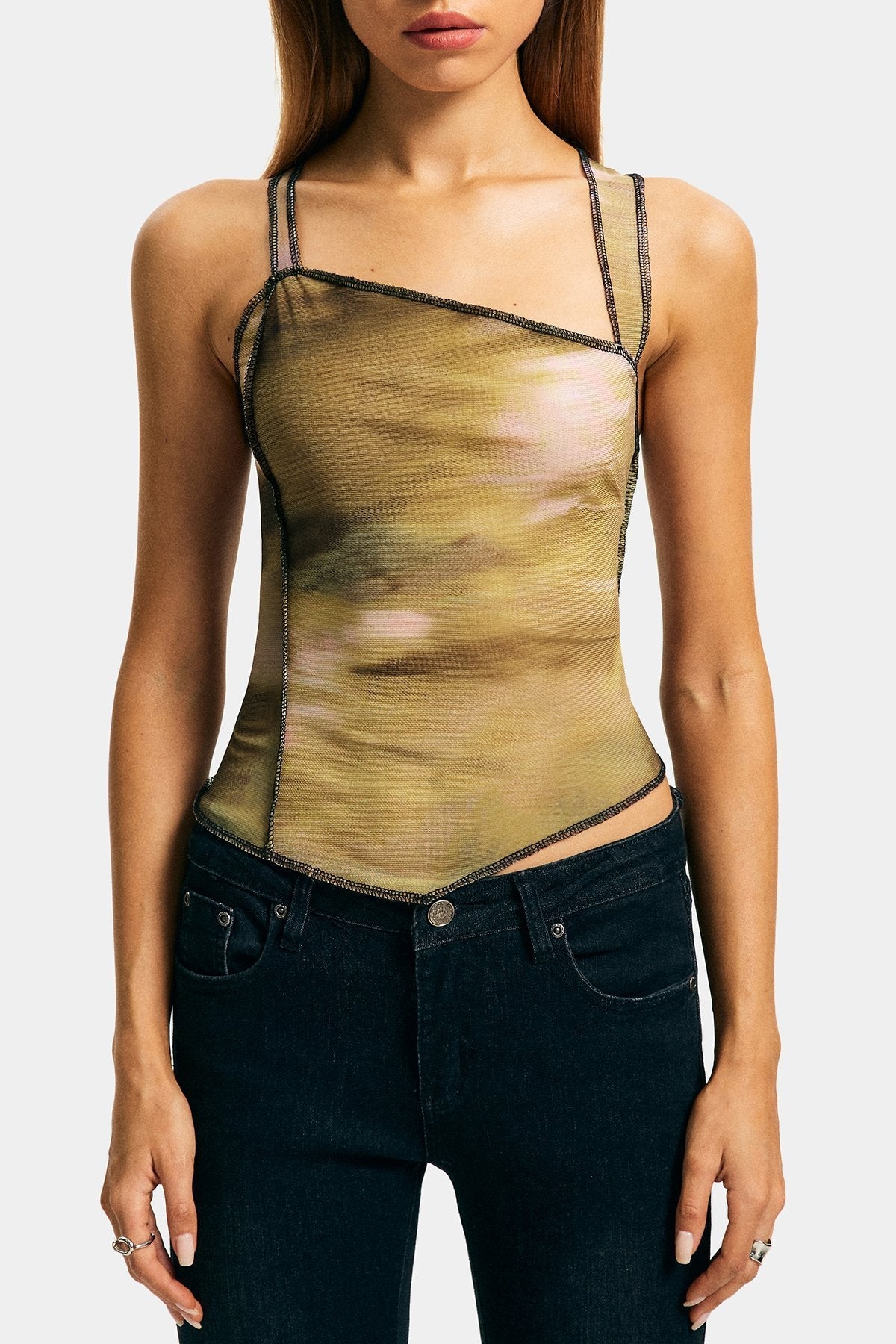 Top-Stitching Abstract Print Cross Back Tank Top
