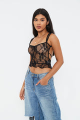 Open Back Tie Detail Ruffle Trim Lace Top