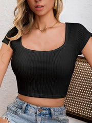 Solid Ribbed Short Sleeve Crop Top
