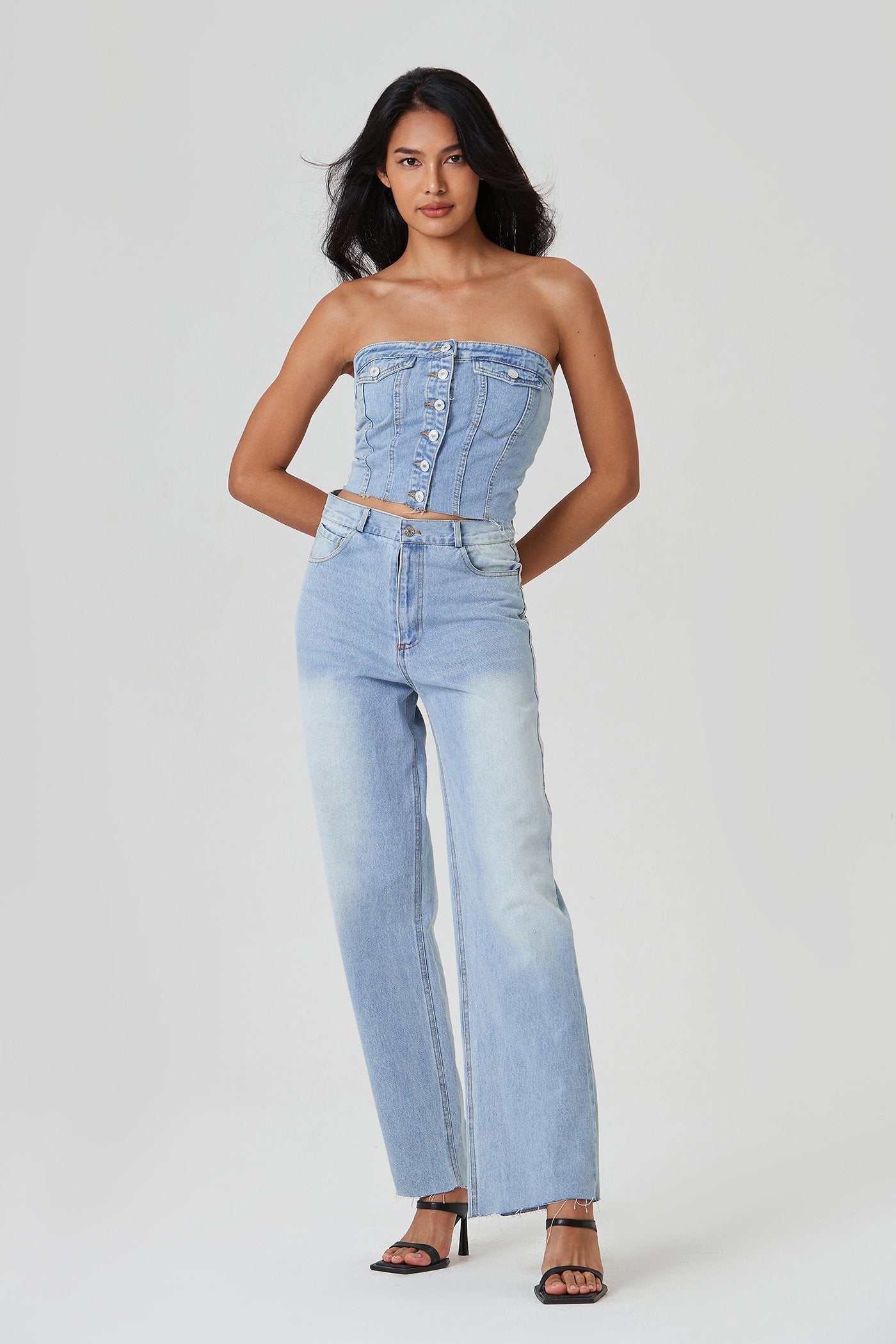 Off Shoulder Button Front Shirred Crop Top