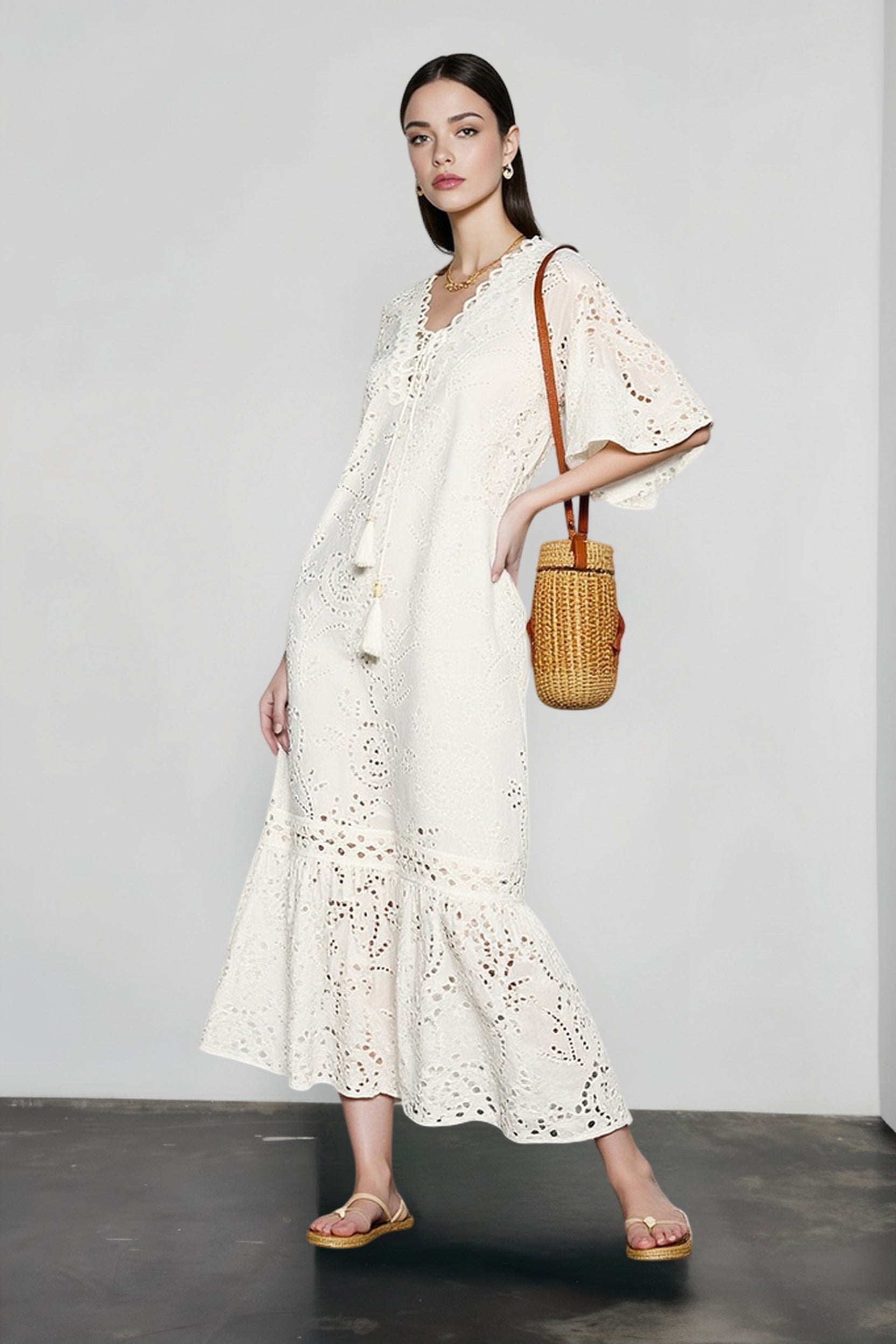 Embroidered Puff Sleeve White Midi Vacation Dress
