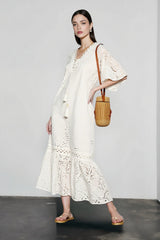 Embroidered Puff Sleeve White Midi Vacation Dress