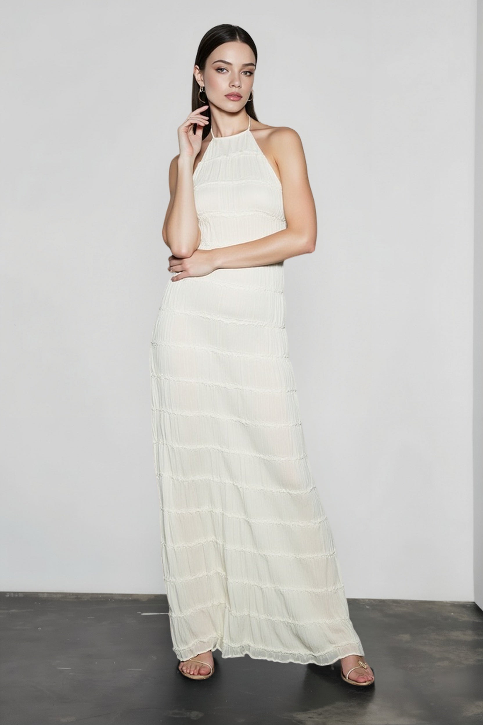 Open Back Ruched Stripe Tie Ruffle Maxi Vacation Dress
