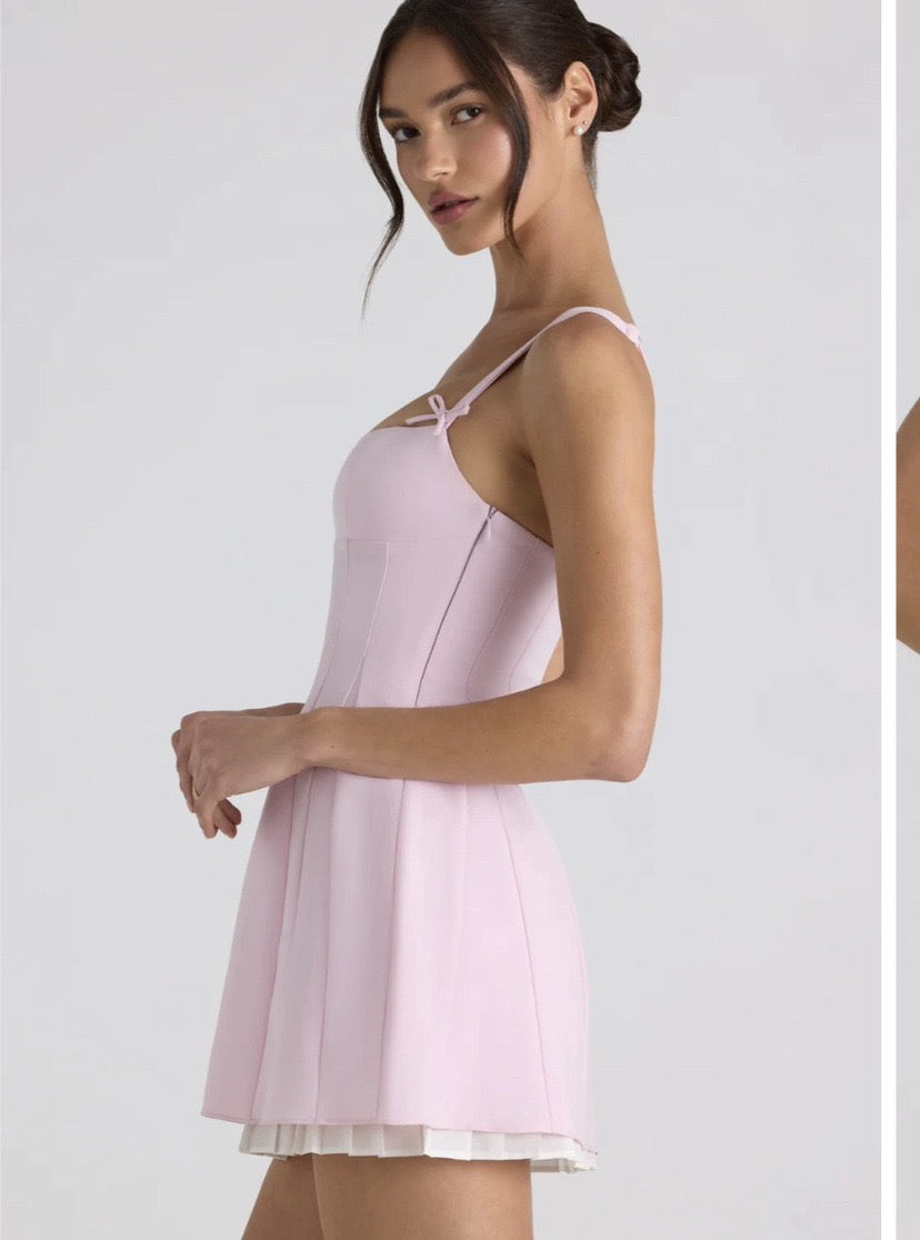 Bow-Detail Pleated A-Line Mini Dress