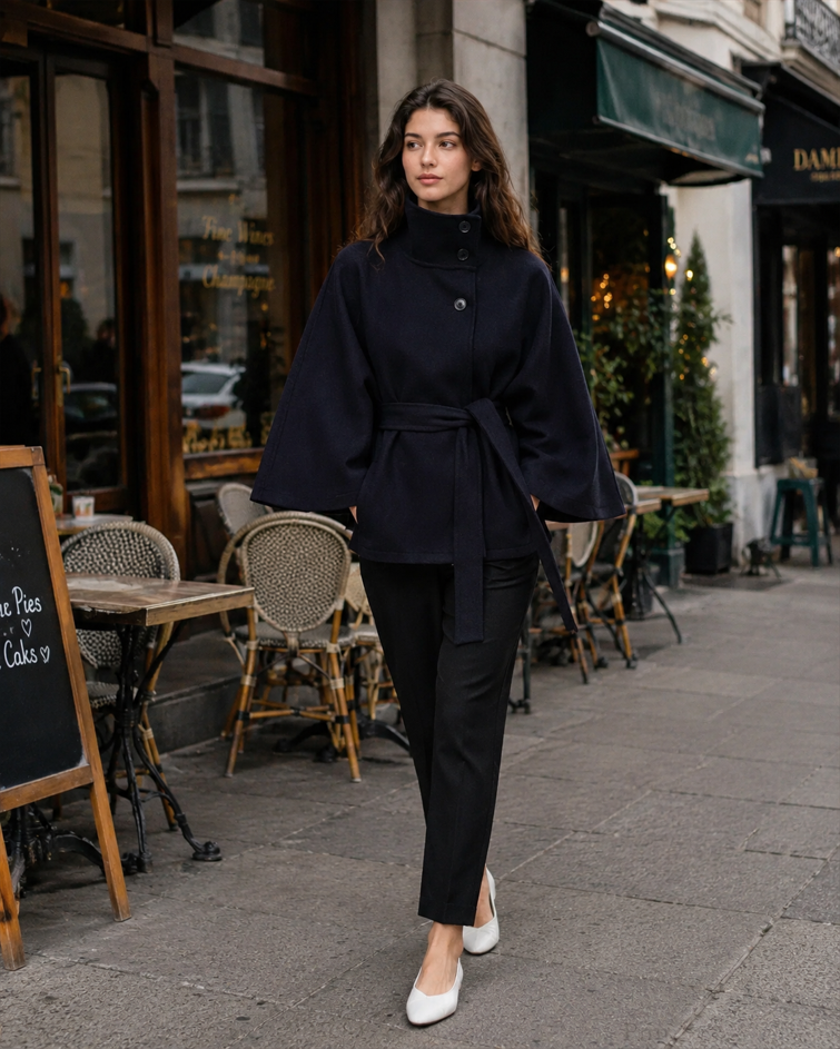 Button Up Stand Collar Cape Coat
