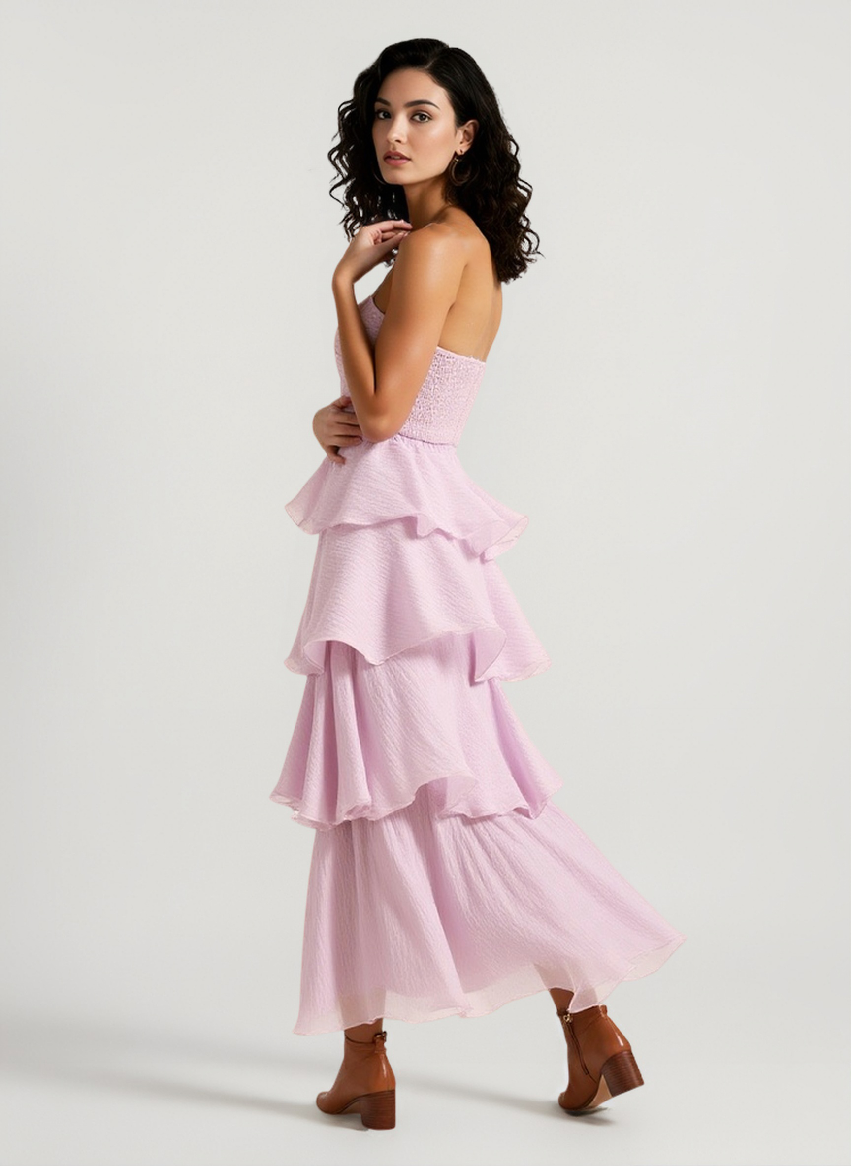 Fashion Strapless Backless Ruffle Tiered Midi Dress