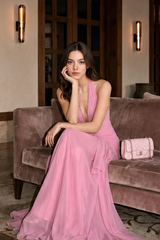 Sweet V Neck Halter Ruched Mesh Maxi Dress