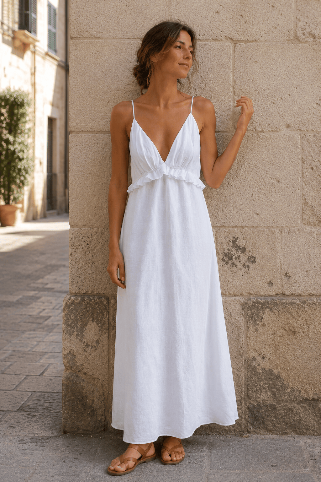 Sexy White Cotton Linen V-Neck Ruffle Loose Maxi Dress