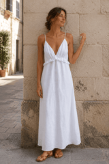 Sexy White Cotton Linen V-Neck Ruffle Loose Maxi Dress
